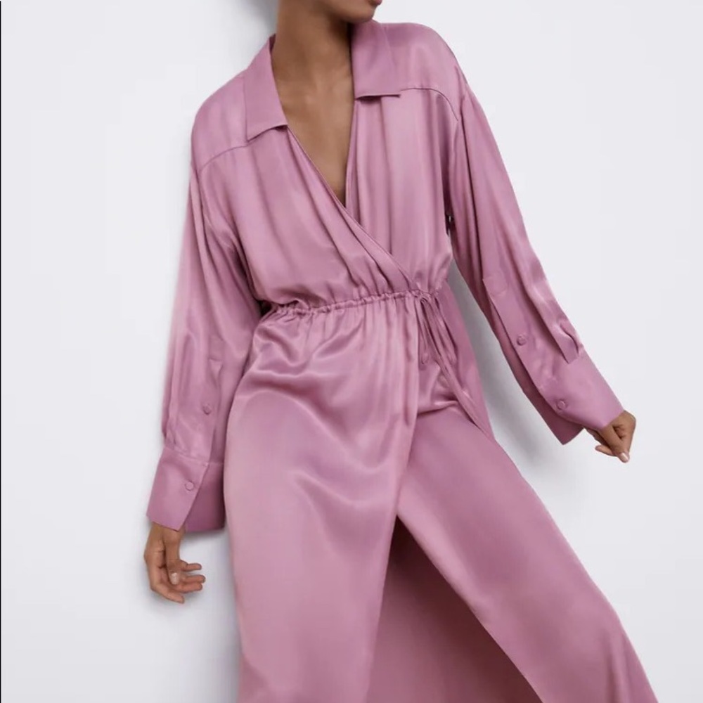 NWT Zara Satin Effect Wrap Dress In Pale Pink Size S